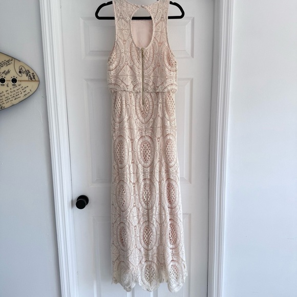 ELIZA J Crochet Lace Maxi Dress Cream Blush Sleeveless Keyhole Back Size 8 - Picture 7 of 14